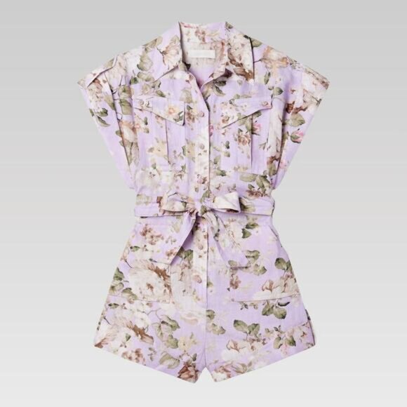 NWT Zimmermann Acacia Belted Floral-Print Linen Playsuit sz 0 US 4 100% Linen